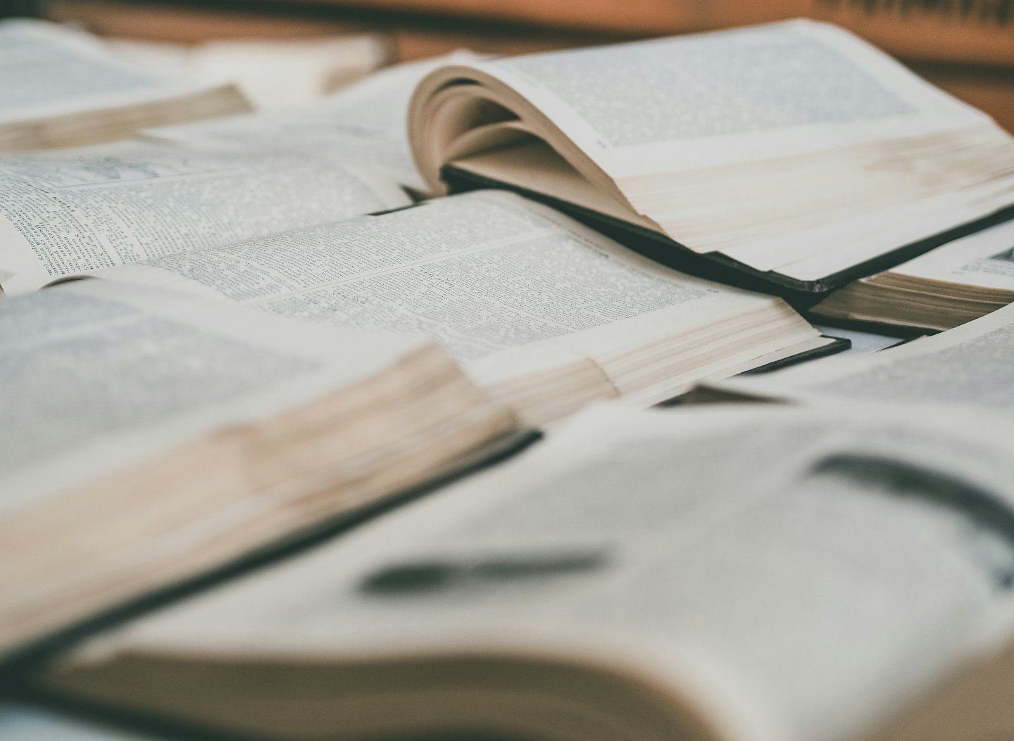 Several open books with aged pages spread on a surface.