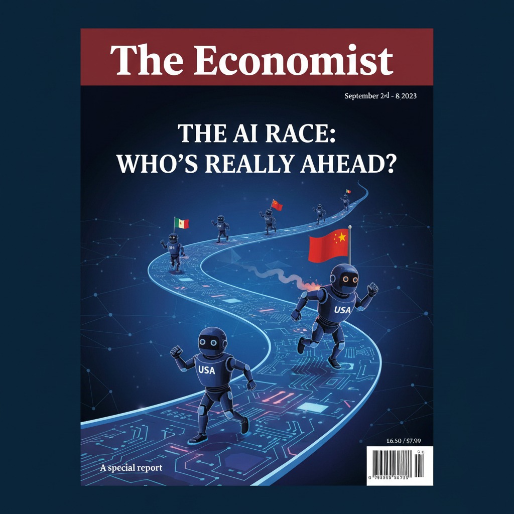 Capa da revista The Economist com a manchete "The AI race: Who's really ahead?" e ilustração de robôs corredores em uma pista tecnológica.